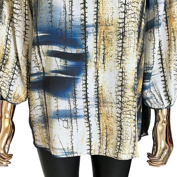Tianello Blue Multicolor Silk Abstract Print Tunic Blouse Size Large - Picture 6 of 13